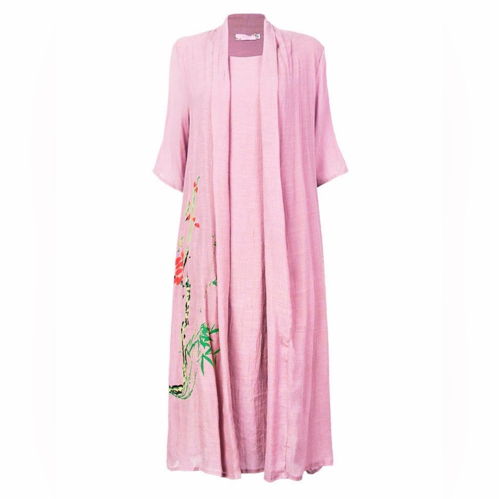 ✨ Pink Linen‎ Kimono Duster Floral Tunic Dress Boho Oversized M ✨